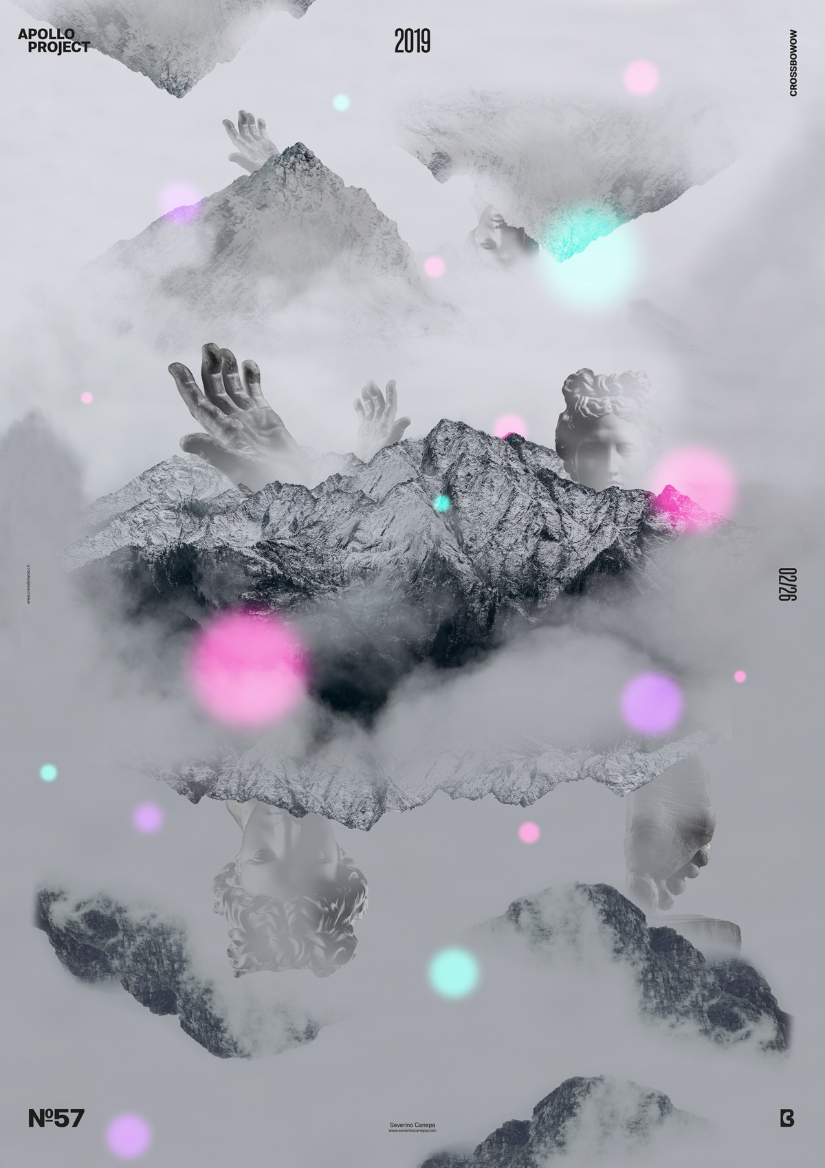 Strange poster design #57 made with mountains, mist and Apollo's head, hand and foot