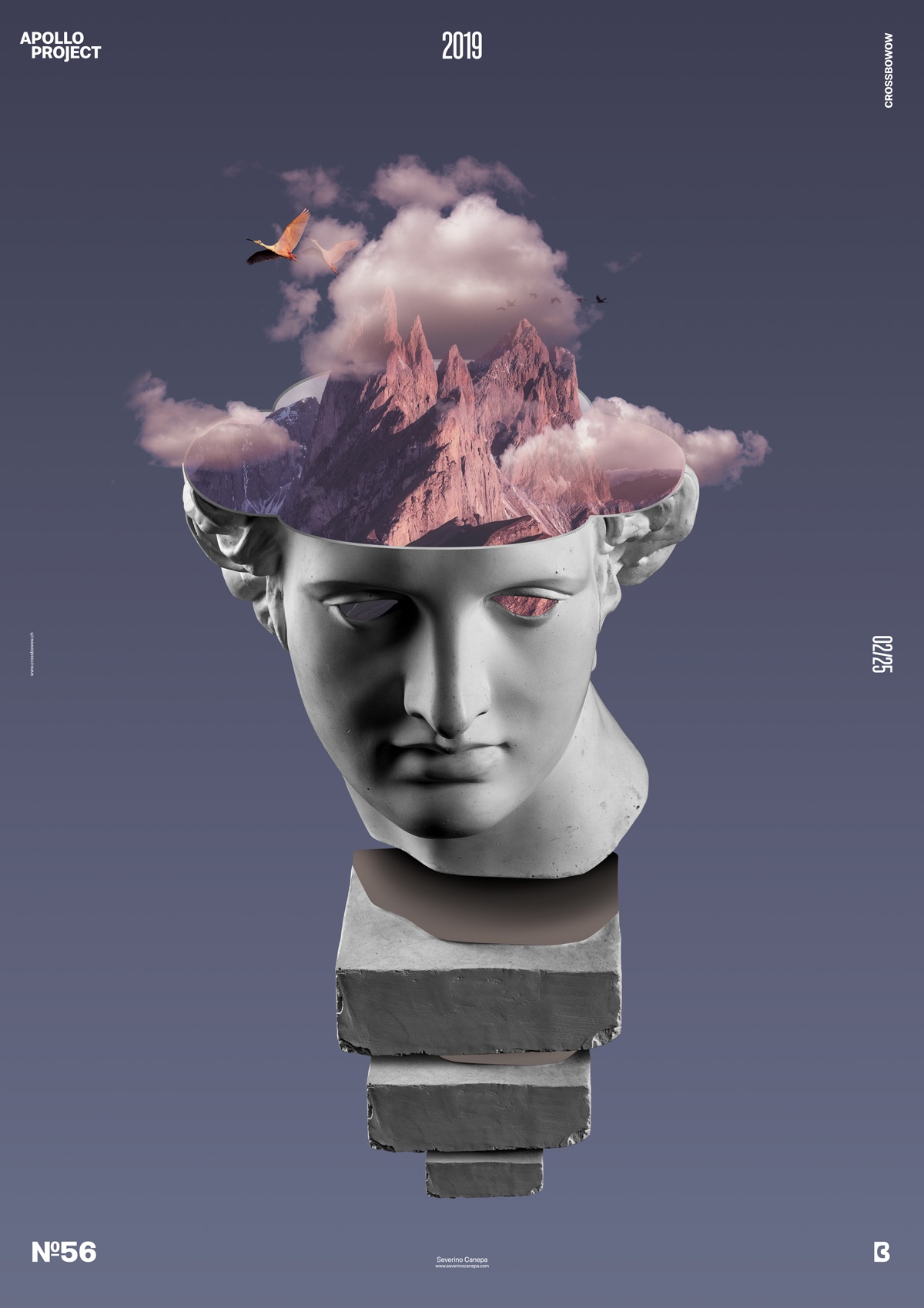 Creative poster design #56 with Apollo's head, a mountain and birds