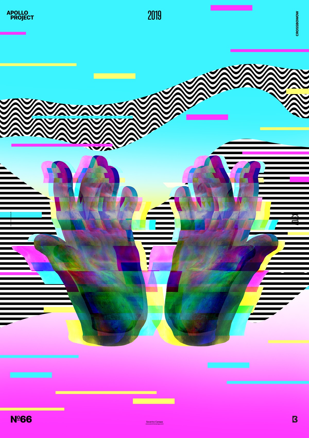 Visual of the creative Poster #66 Hand Out with two glitched Apollo's hand