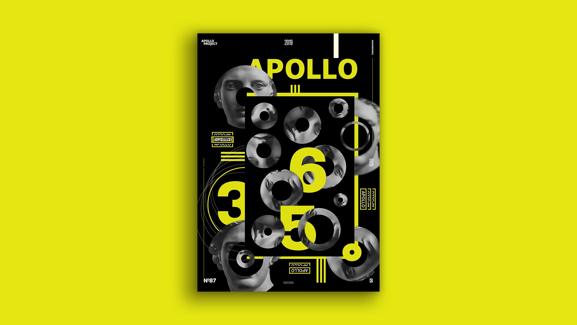 Presentation image of the poster design #87 made of black, yellow and white