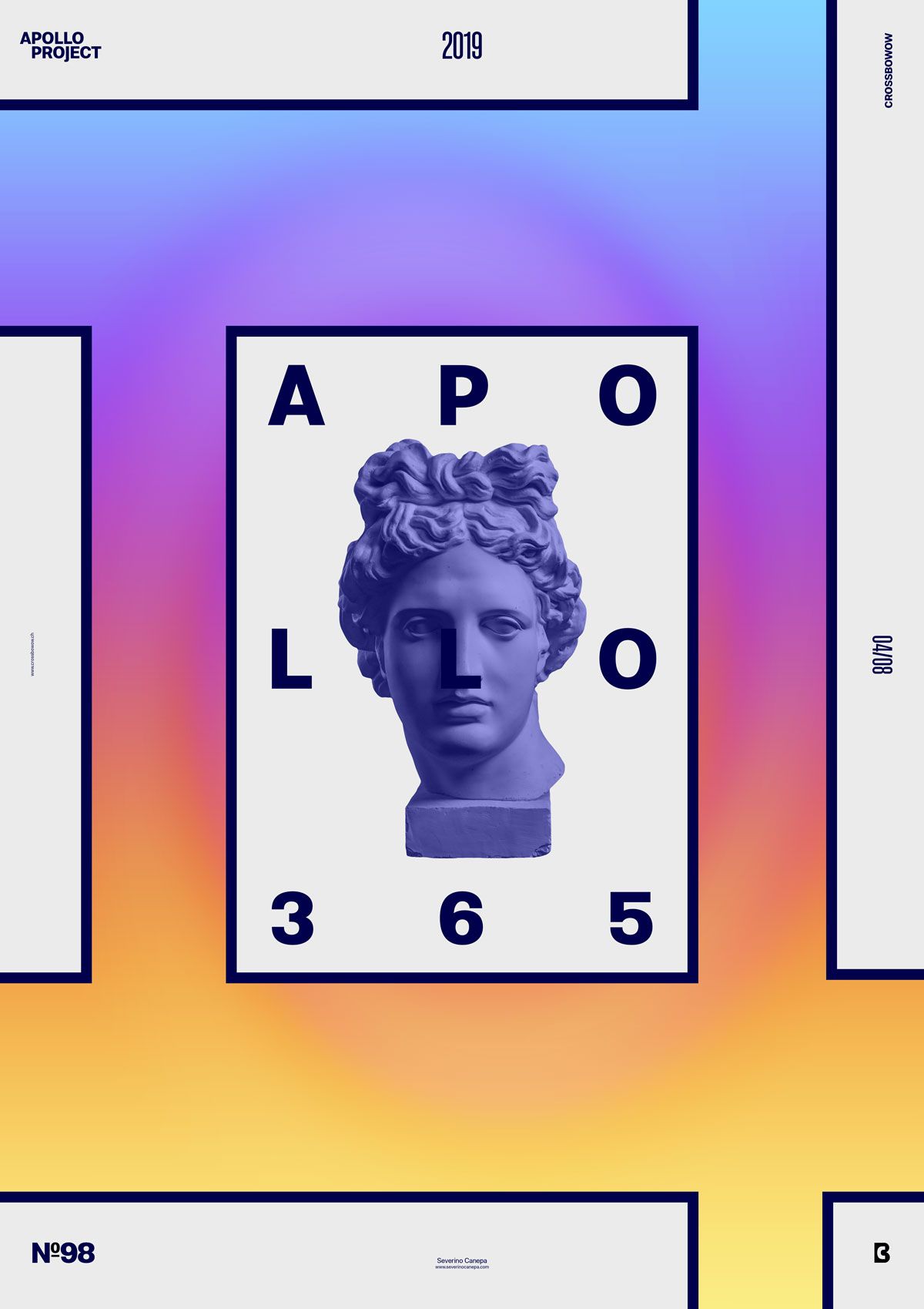 Visual design of the poster #98 made with a colorful background, typography and the picture of Apollo