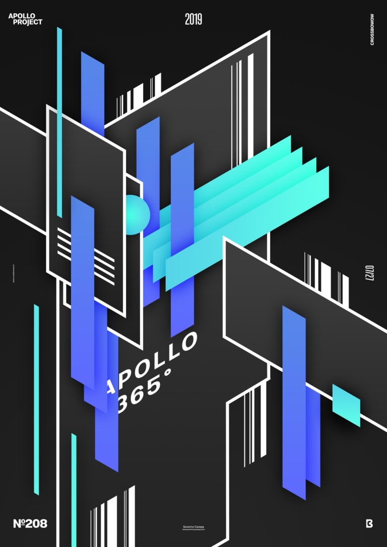 Visual of the poster Rounded Edges #2 and its isometric design in black and blue colors