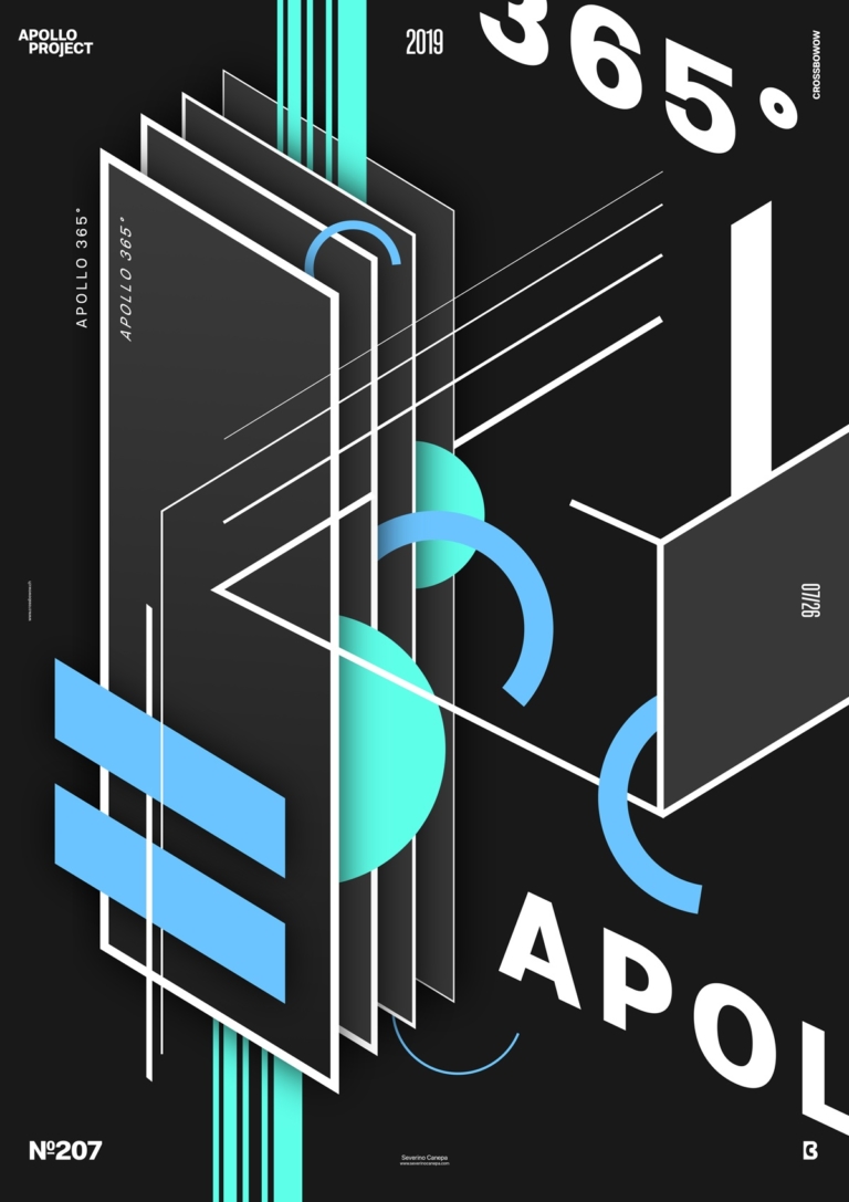 Isometric inspired and geometric poster design number 206 in black-grey, and blue colors