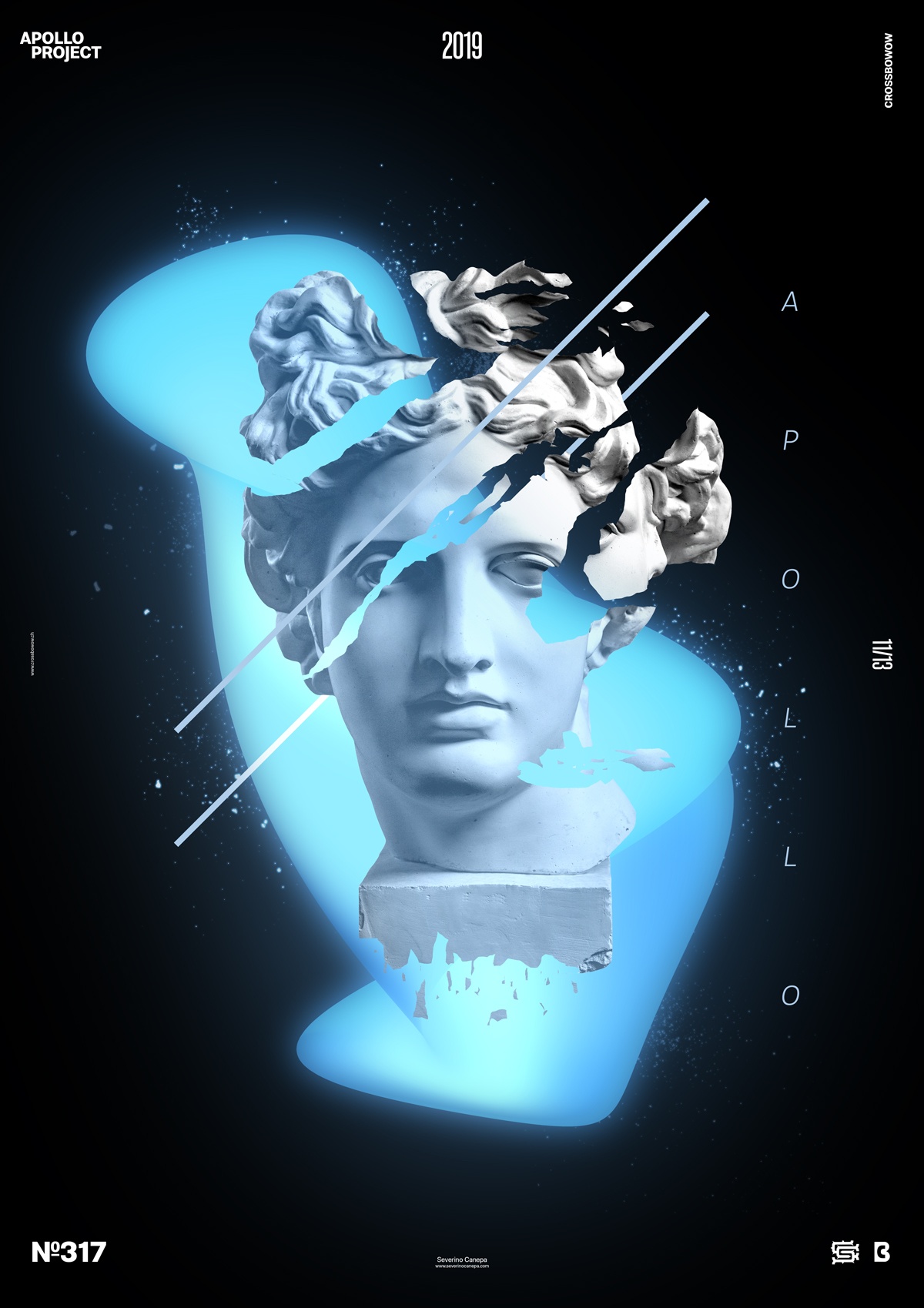 Poster design realized with blue lights and a destructured Apollo