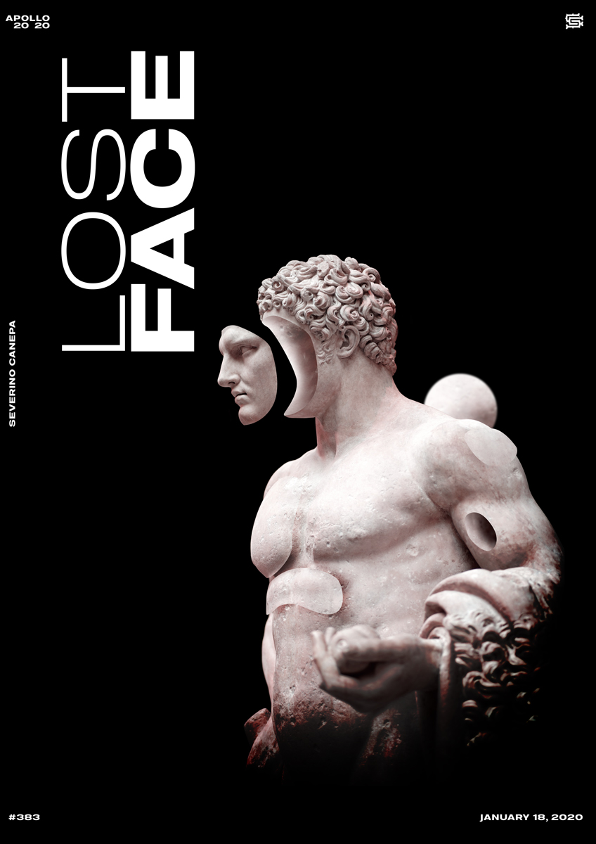 Visual of the poster design Lost Face with its statue
