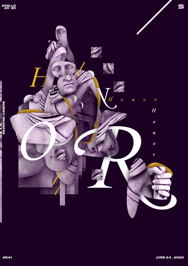 Graphic creation 541 realized with part of Apollo's statue, typography, and shapes