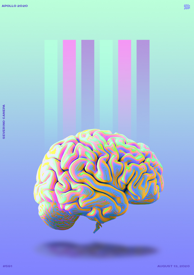 Iridescent and uncommon graphic creation with the render of a brain