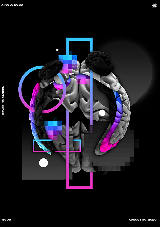 Design made with part of a brain surrounded by geometric shapes and gradients