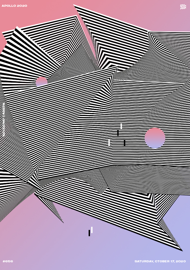 Digital creation based on a visual game made with white and black lines over a gradient