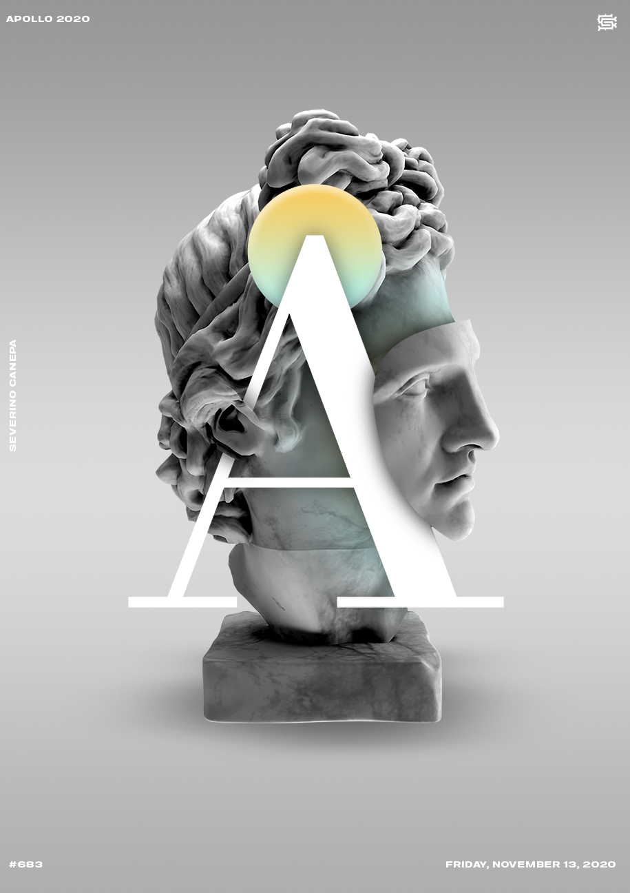 Minimalist creation with a large A letter and the 3D render of Apollo