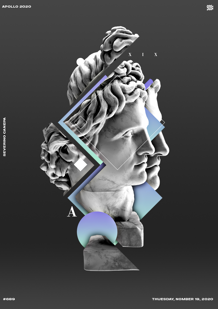 Dynamic creation full of movement made with the marble statue of Apollo