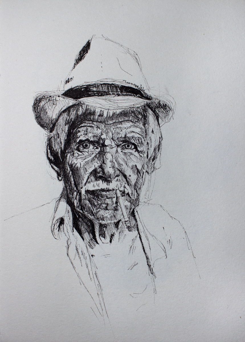 Fineliner portrait of a man wearing a hat and smoking a cigaret