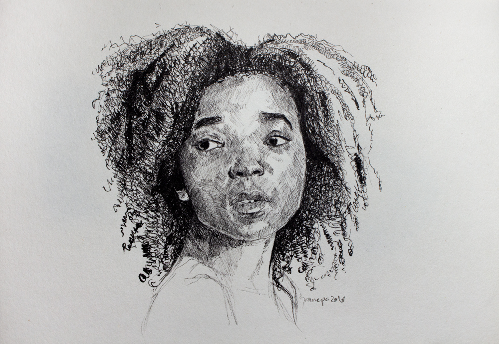Cute sketch of an african young girl with long hair