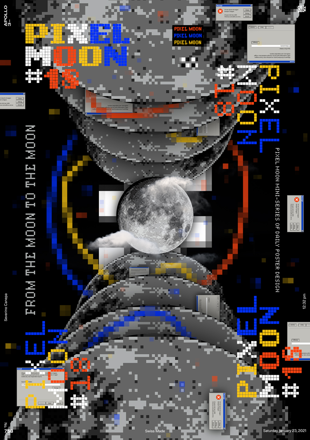 Visual graphic based on the repetition of a pixel moon and other elements