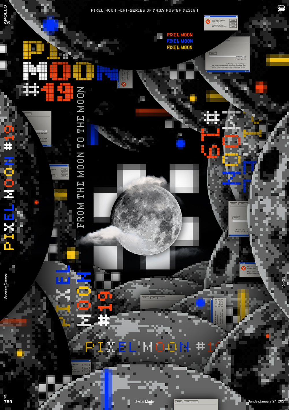 Graphic creation where I play with a pixel moon, vectors, and pixel typefaces