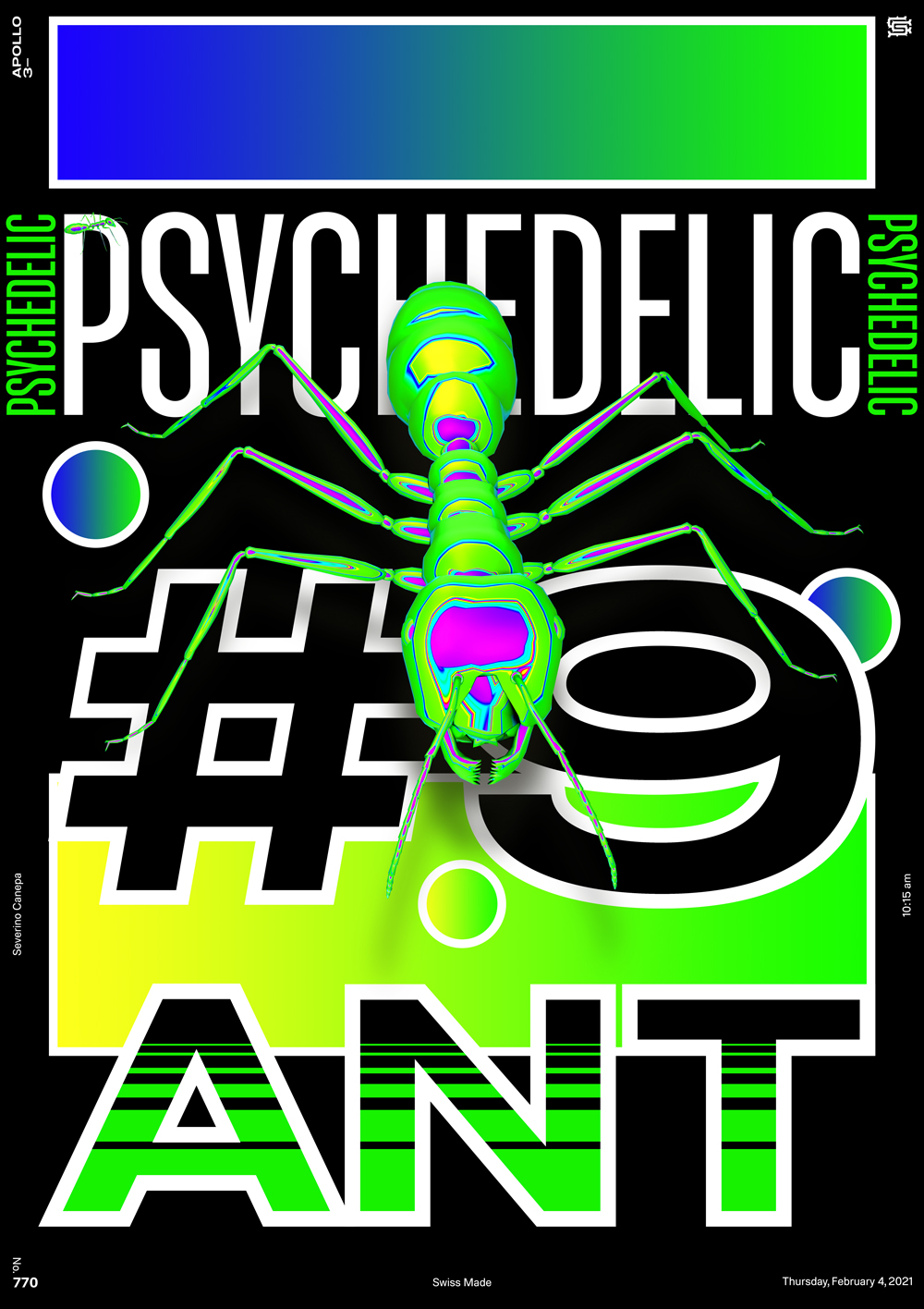 Psycho creation with the 3D render of the iridescent ant on a black background