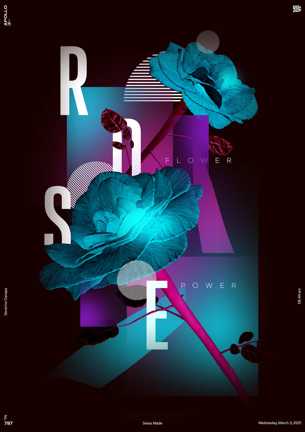 I mix half cut gradient, 3D flowers, and typography to compose a fluid design