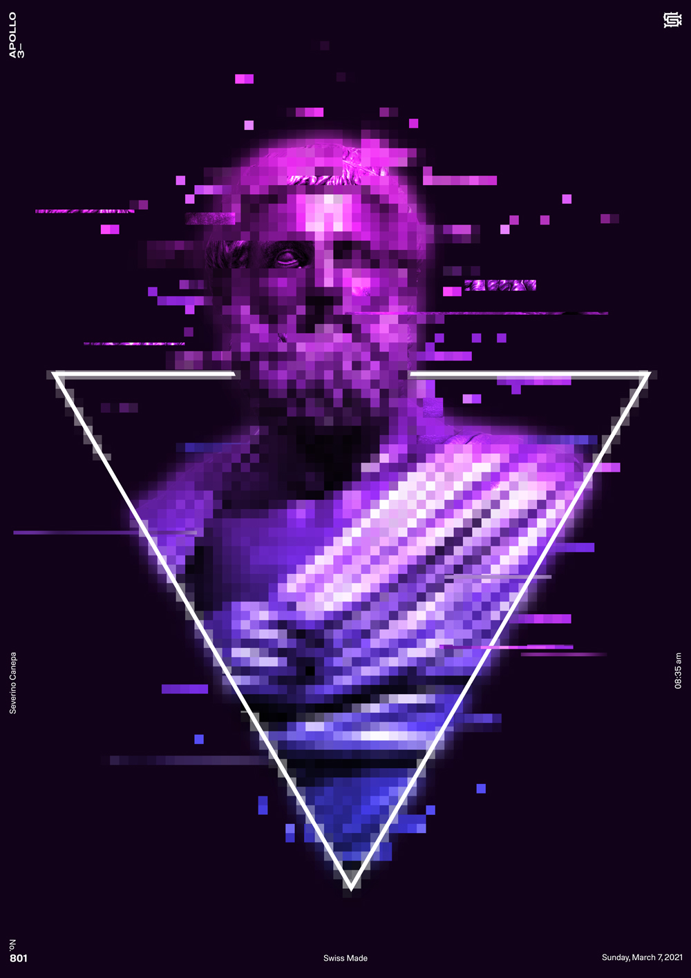 Visual artwork mixing 3D, vaporwave design, statue, and glitch effect