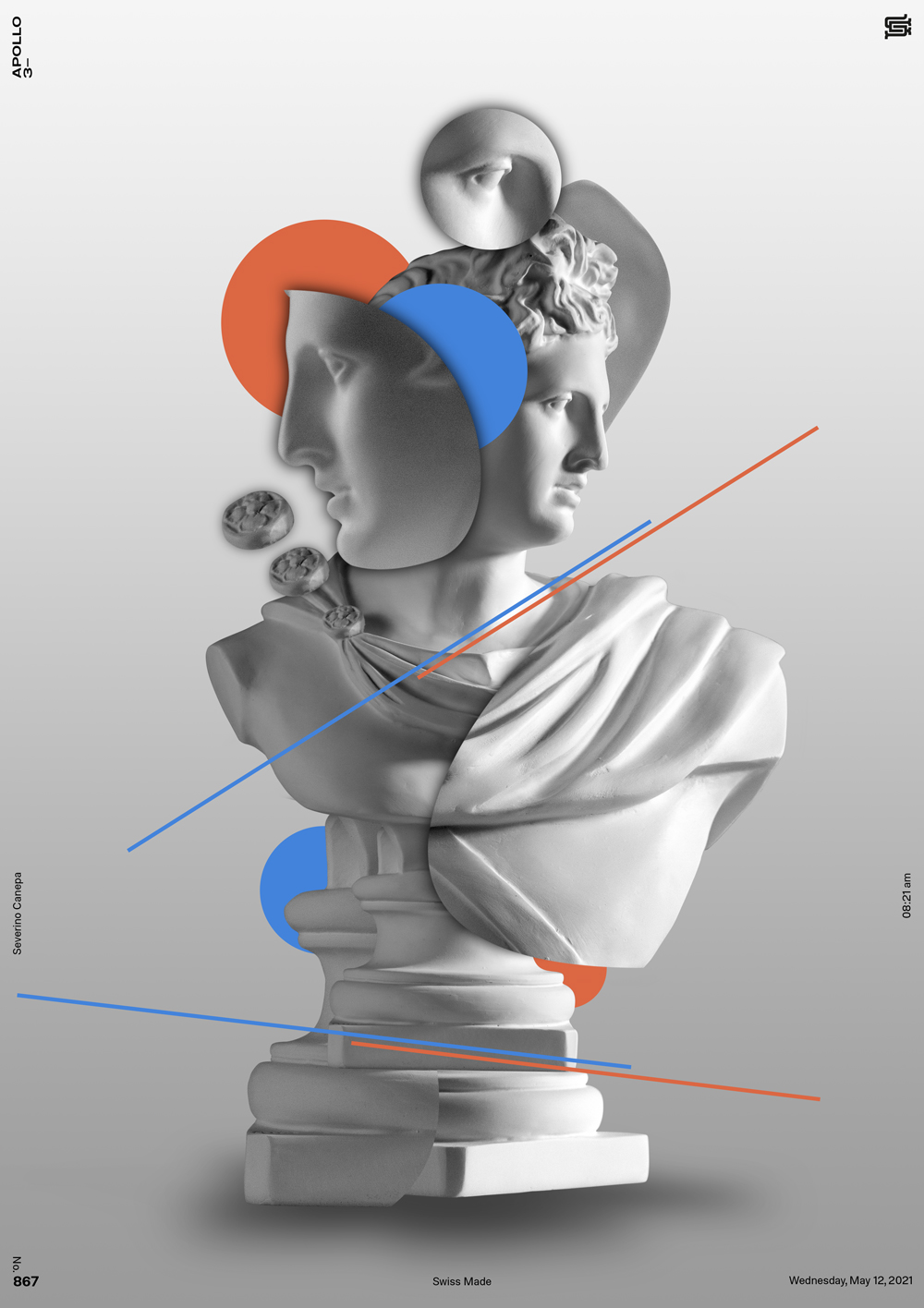 Visual artwork make with the statue of Apollo and geometric shapes