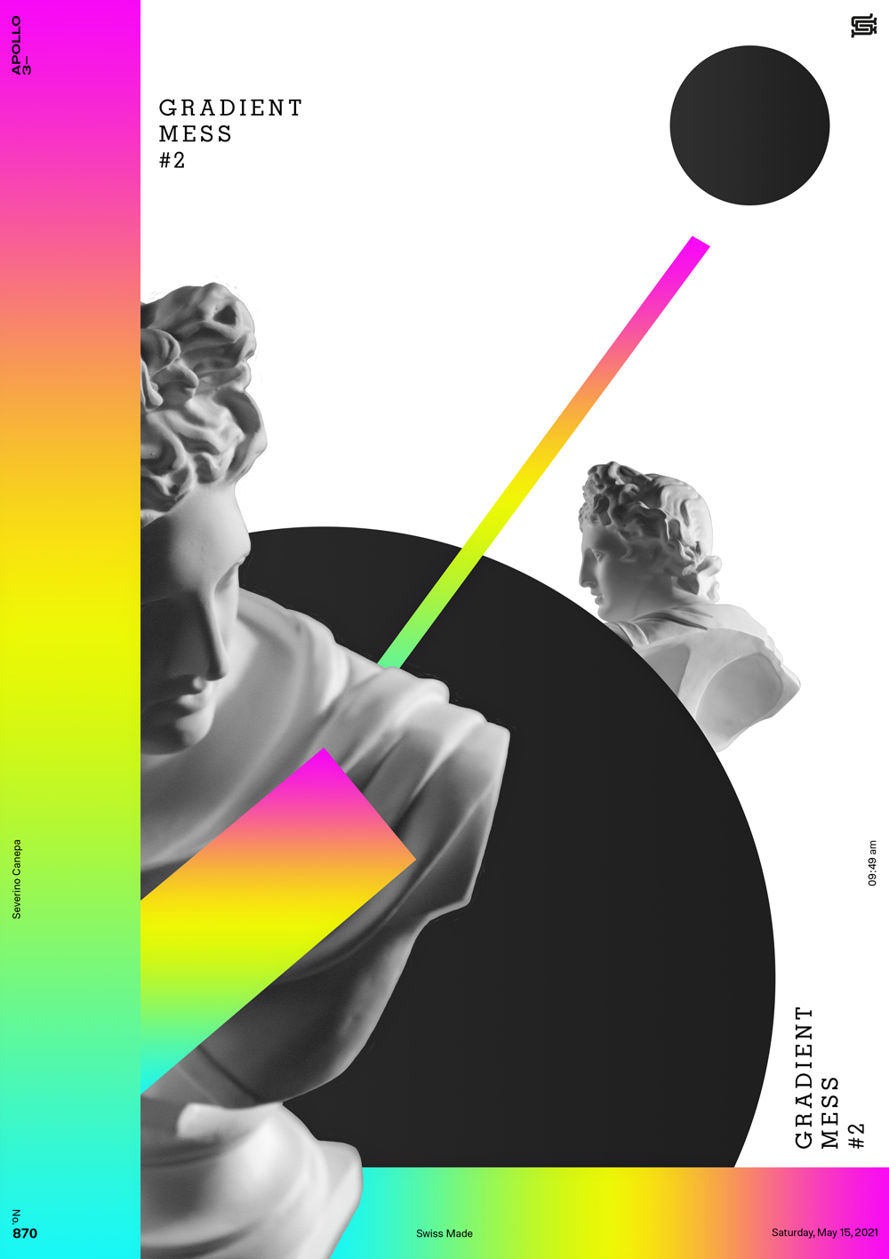 Graphic creation I created with colorful and dark shapes and Apollo's statues
