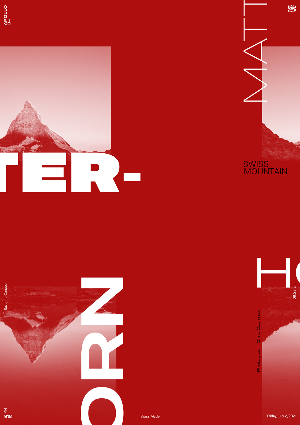 Swiss design in red and white with typography, and the photograph of the Matterhorn
