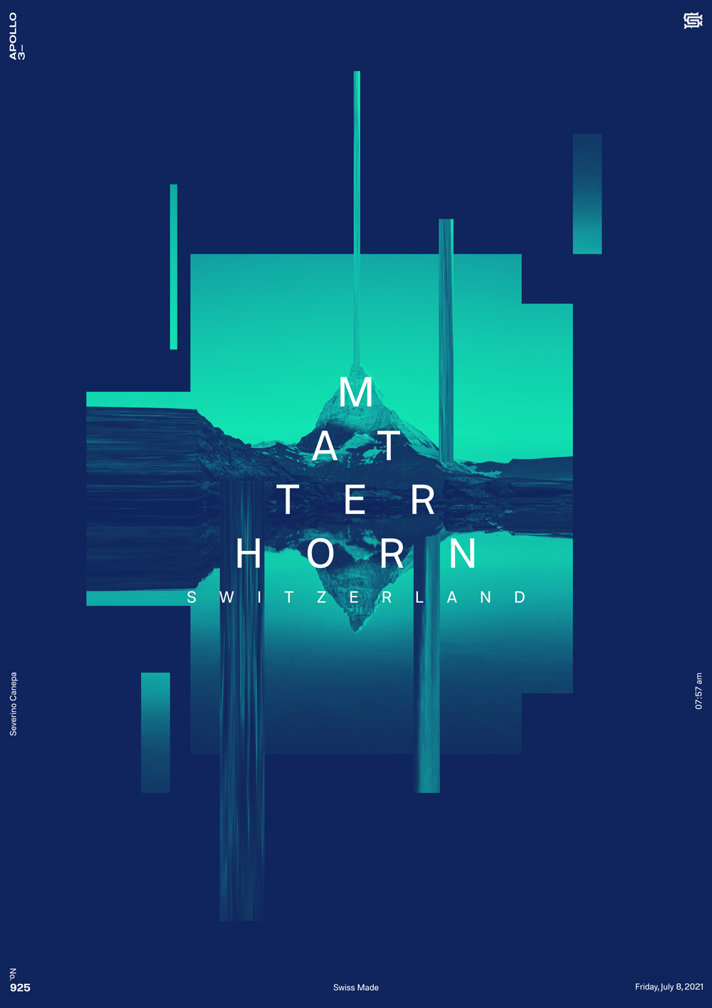 Minimalist design made with shades of blue, typography, and the photograph of the Matterhorn