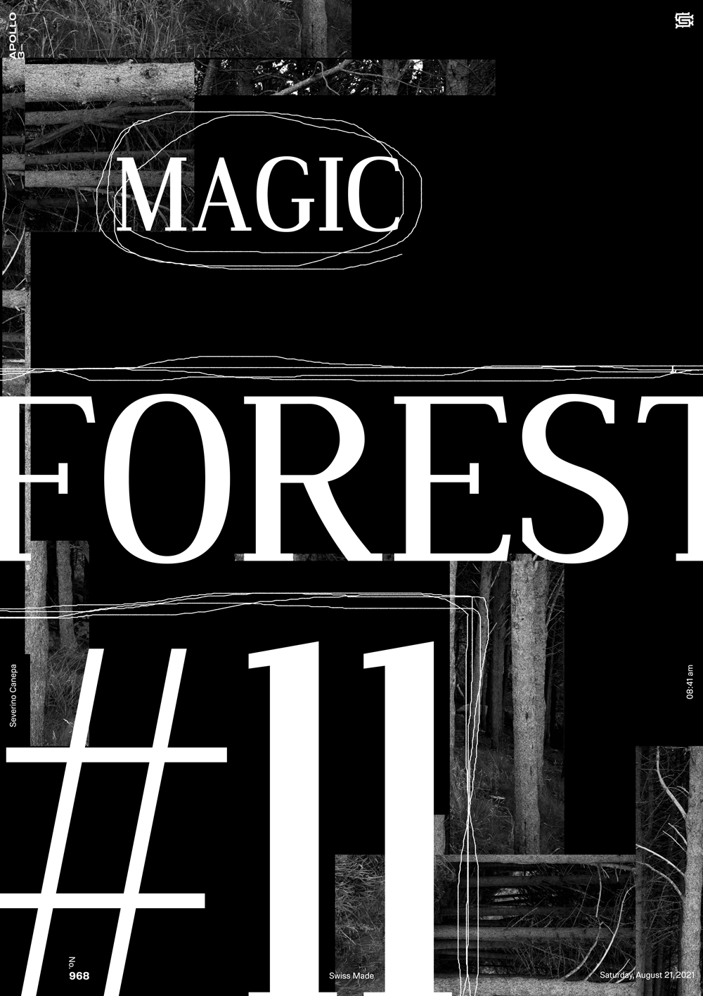 Minimalist poster creation I realized with brush, types, and the black and white photograph of a forest