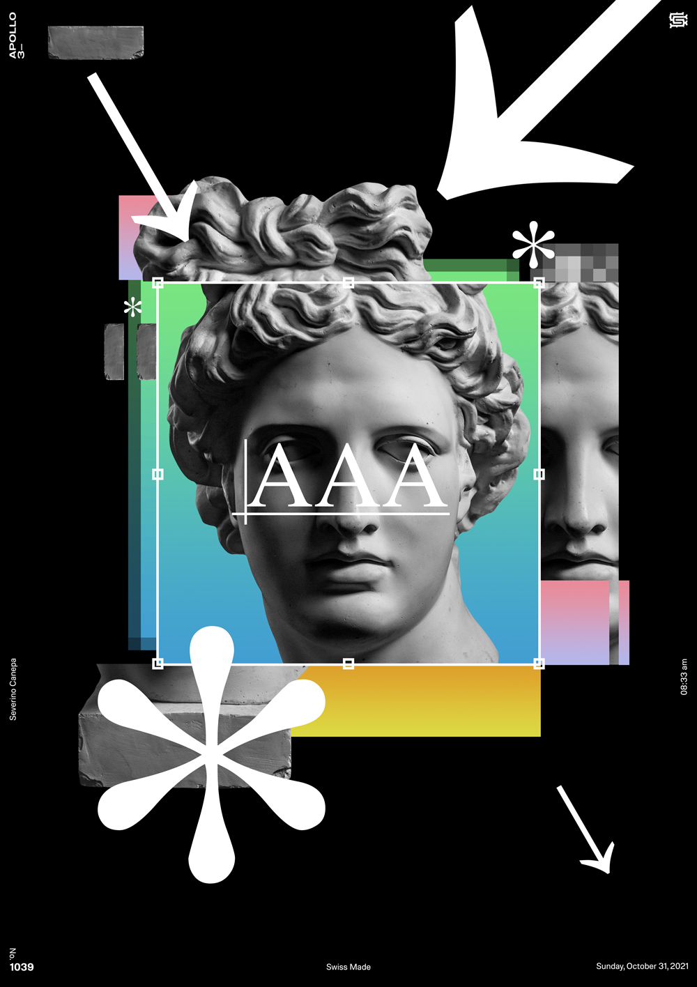 Geometric digital creation I realized with Apollo's Statue, Typography, and Glyphs symbols