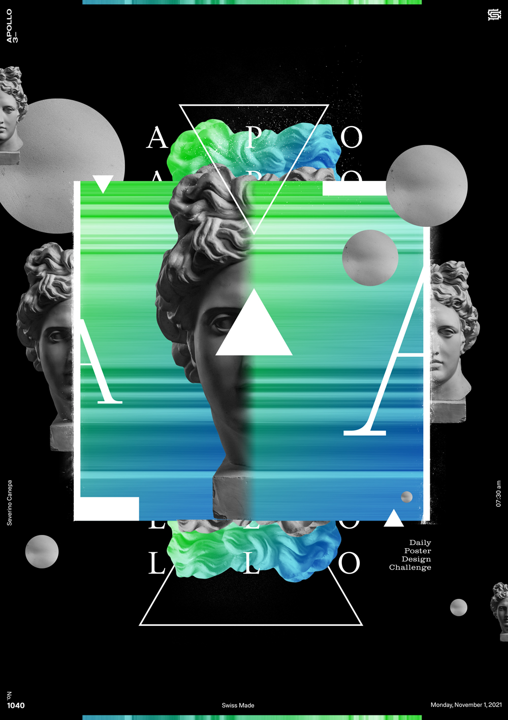 Visual of an aerial design made with the picture of Apollo's Statue and other geometric shapes