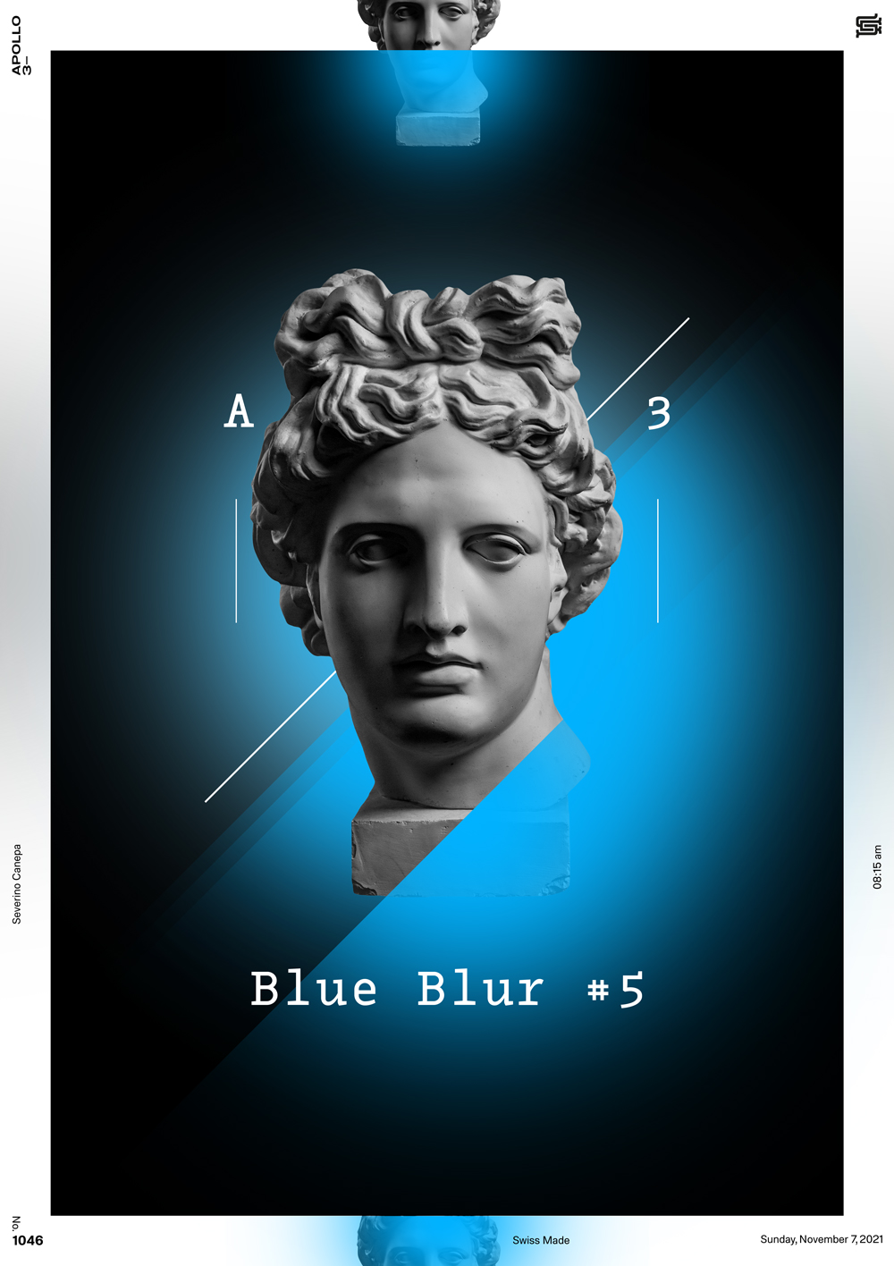 Blue transparent gradient, apollo's statue, and typographic design poster