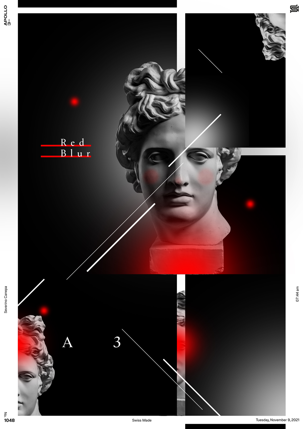 Red transparent gradient, Apollo, and typography design poster