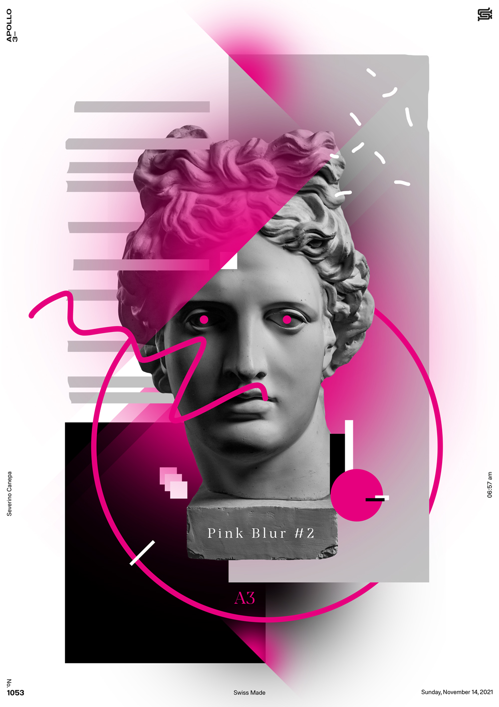 Playful digital creation I created with the Statue of Apollo, typography, and geometric forms
