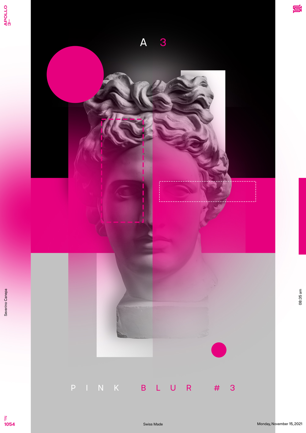 Digital creation made with a minimalist color scheme, gradient, and the statue of Apollo