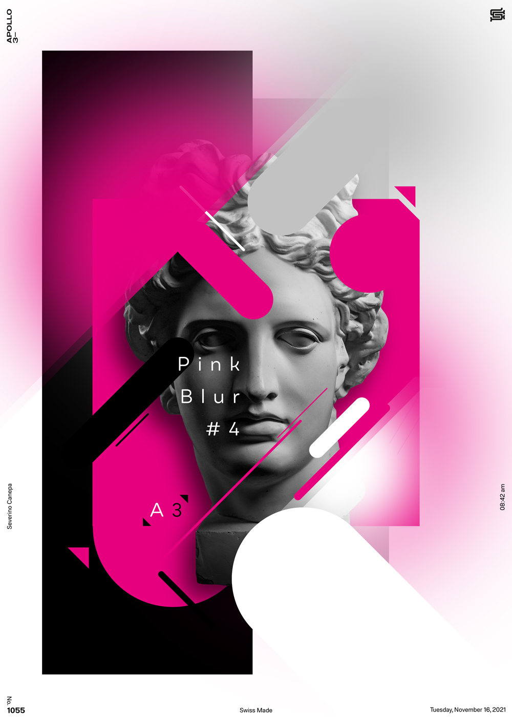 Digital creation I created with Apollo's Statue, typography, and blur gradients