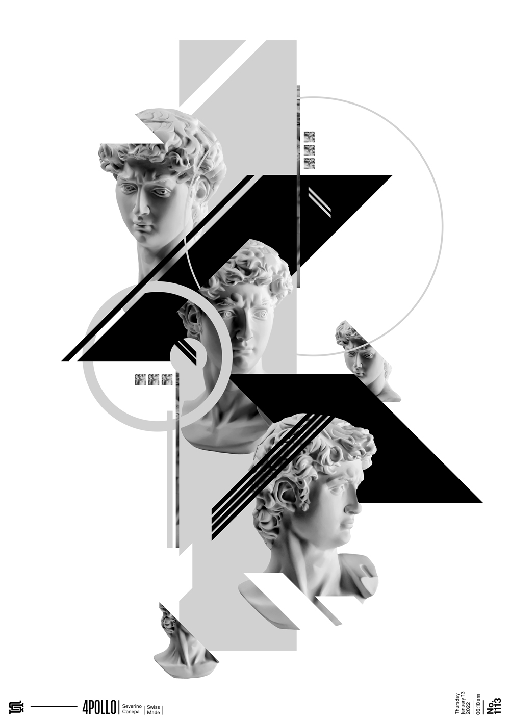 Minimalist creation in black, grey, and white with three different statue of David