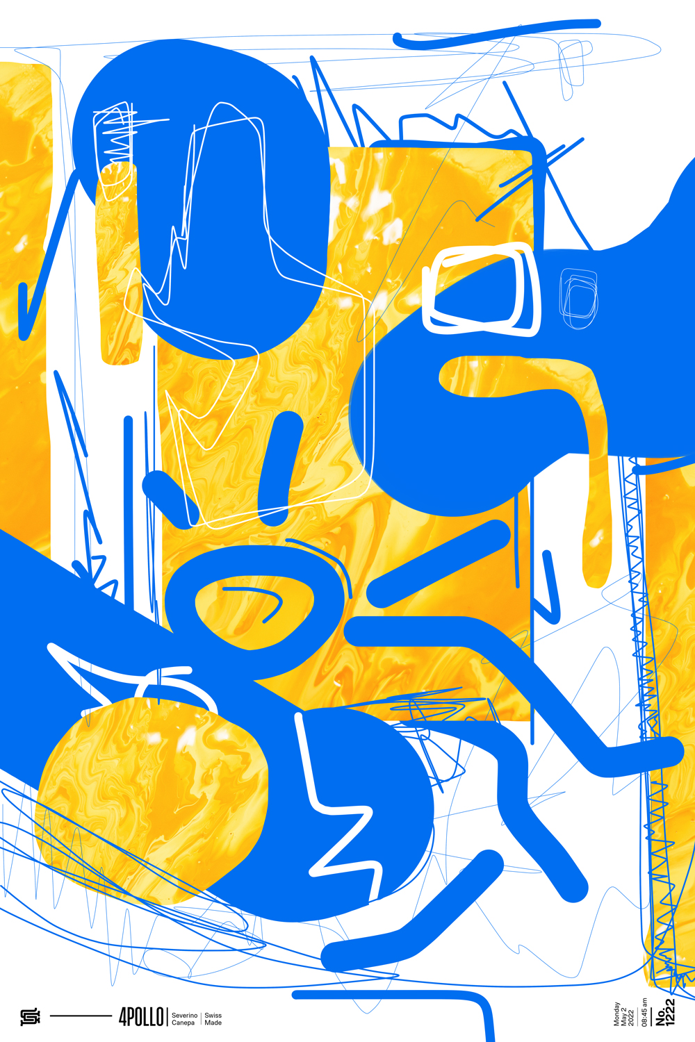 Visual art made with white and blue scribble and a yellow photograph