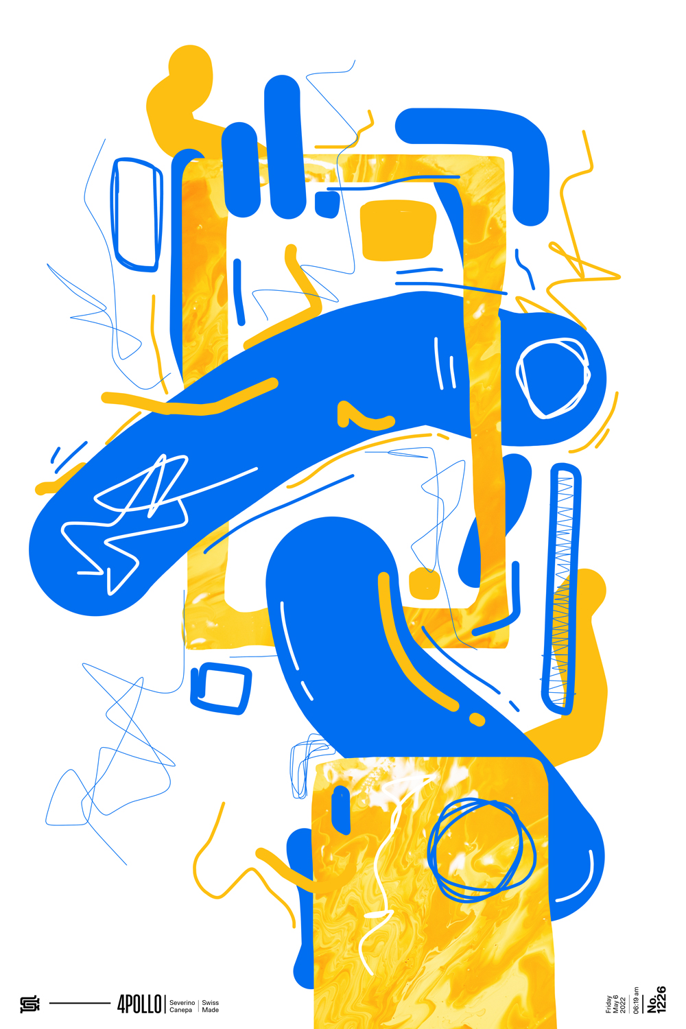 Minimalist digital art creation made with lines in white, yellow, and blue