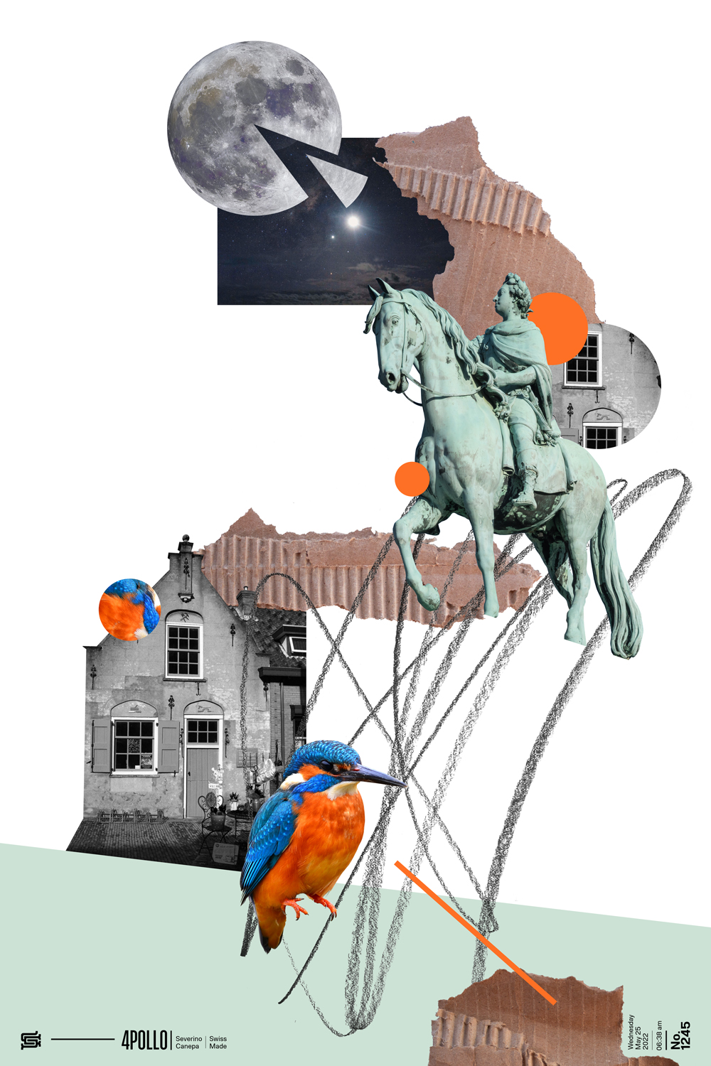 Retro and vintage digital collage made with photograph of house, statue, and the moon