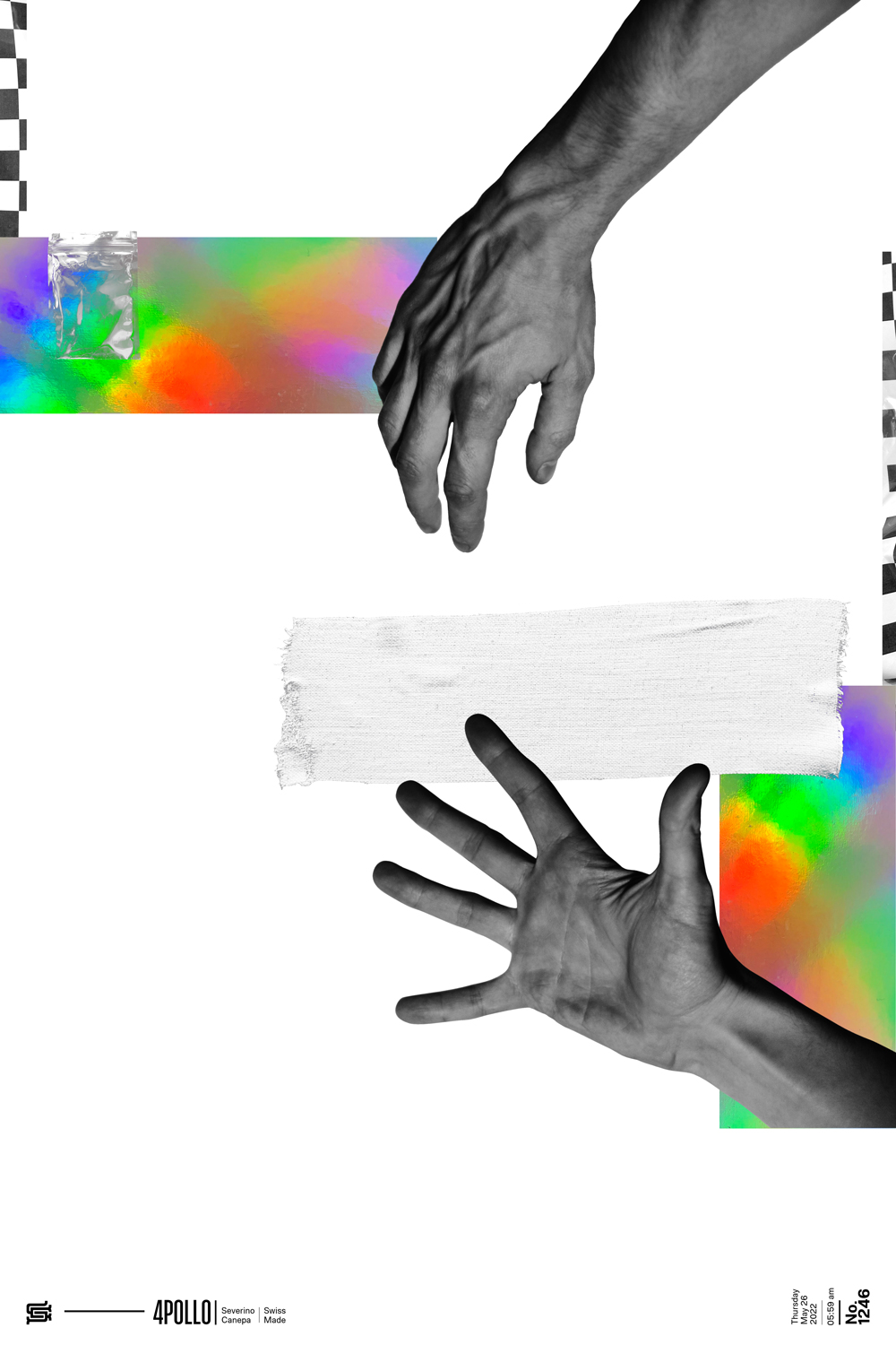 Modern digital collage made with hands and a holographic element