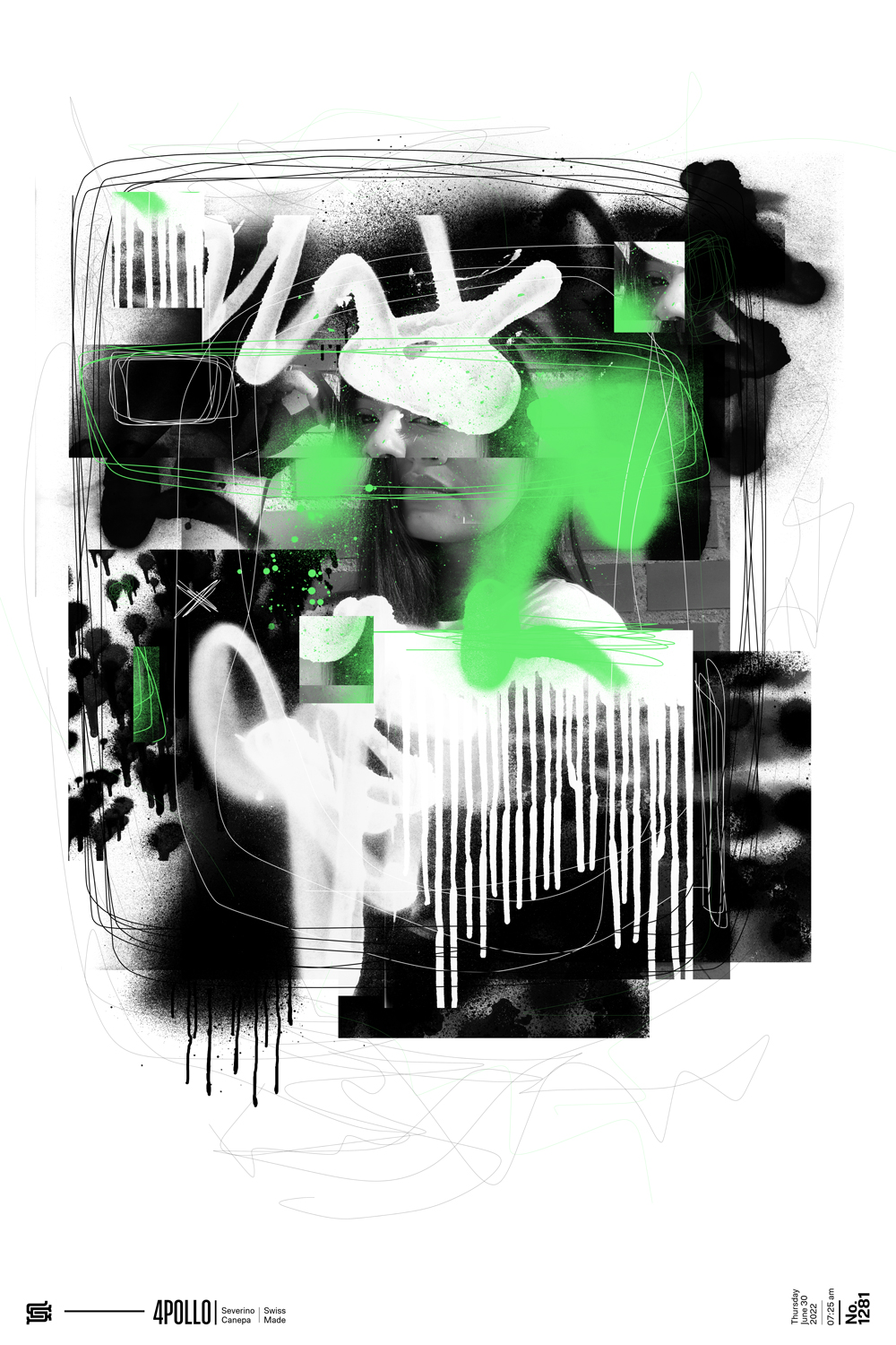 Black, white, and green are the colored brushes I used over the picture of the girl