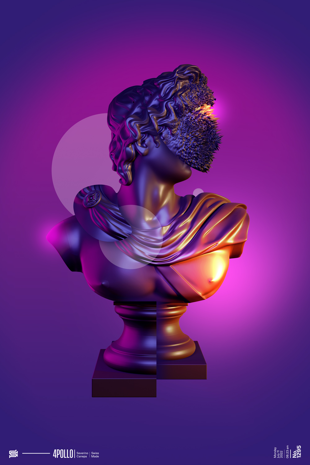 Minimalist digital art realized with lights effect and the 3D render of Apollo