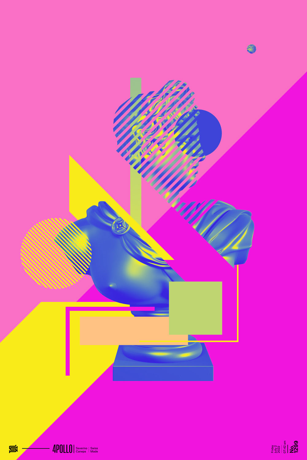 Pop art and 80s' poster creation style with the 3D render of Apollo's statue