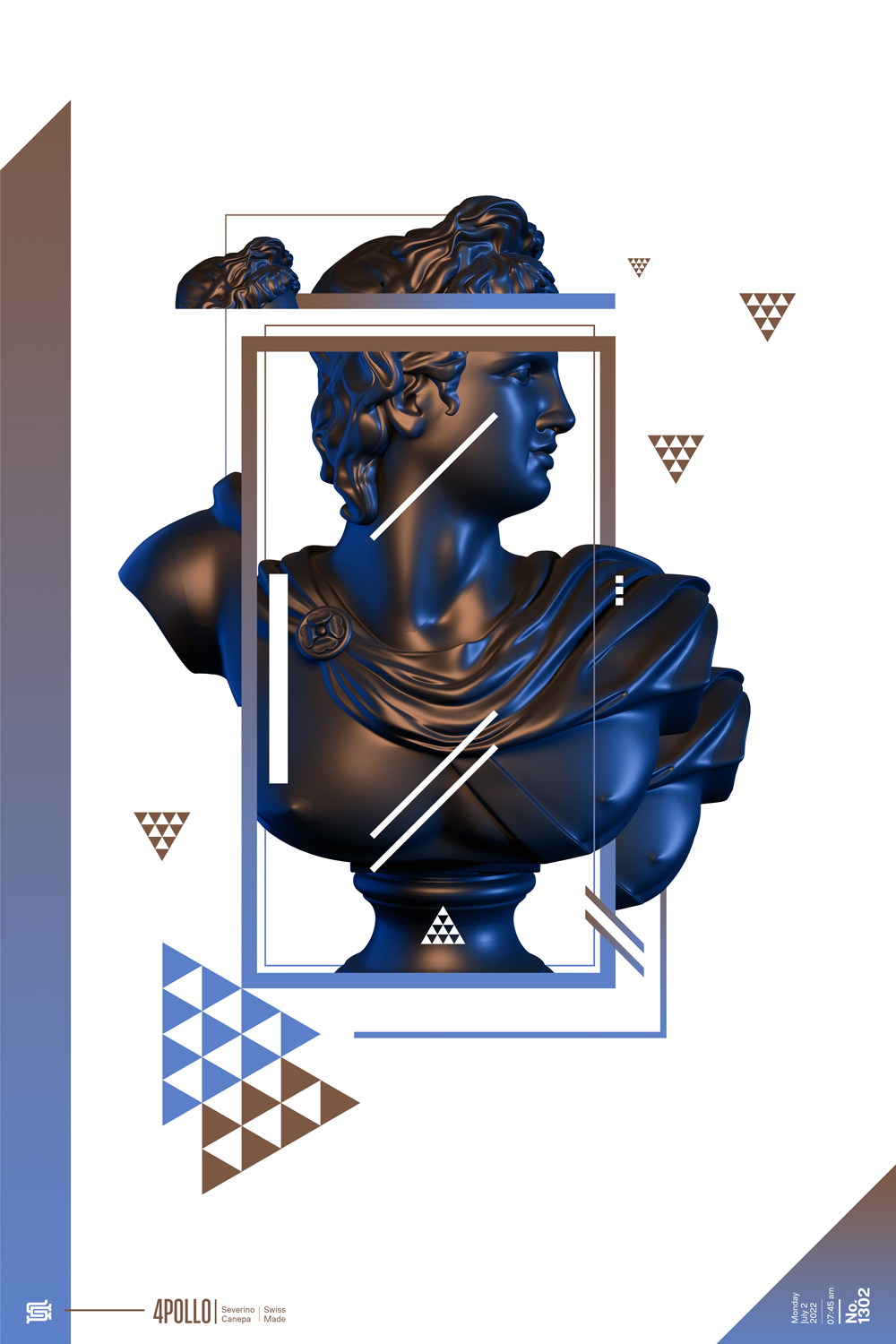 Visual artwork made with a 3D version of Apollo, a nice color scheme, and triangles as pattern