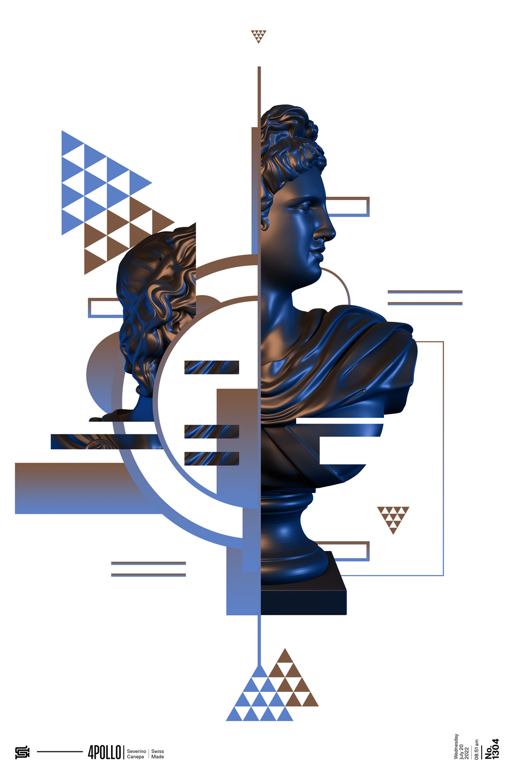 Creation made with different kind of geometric shapes and the statue of Apollo