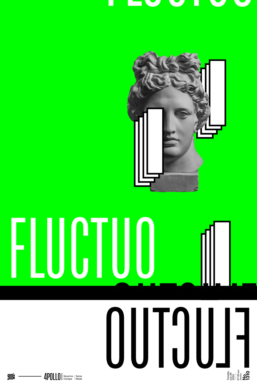 Digital creation I created with a bright green, geometric forms with thick outlines and the picture of Apollo