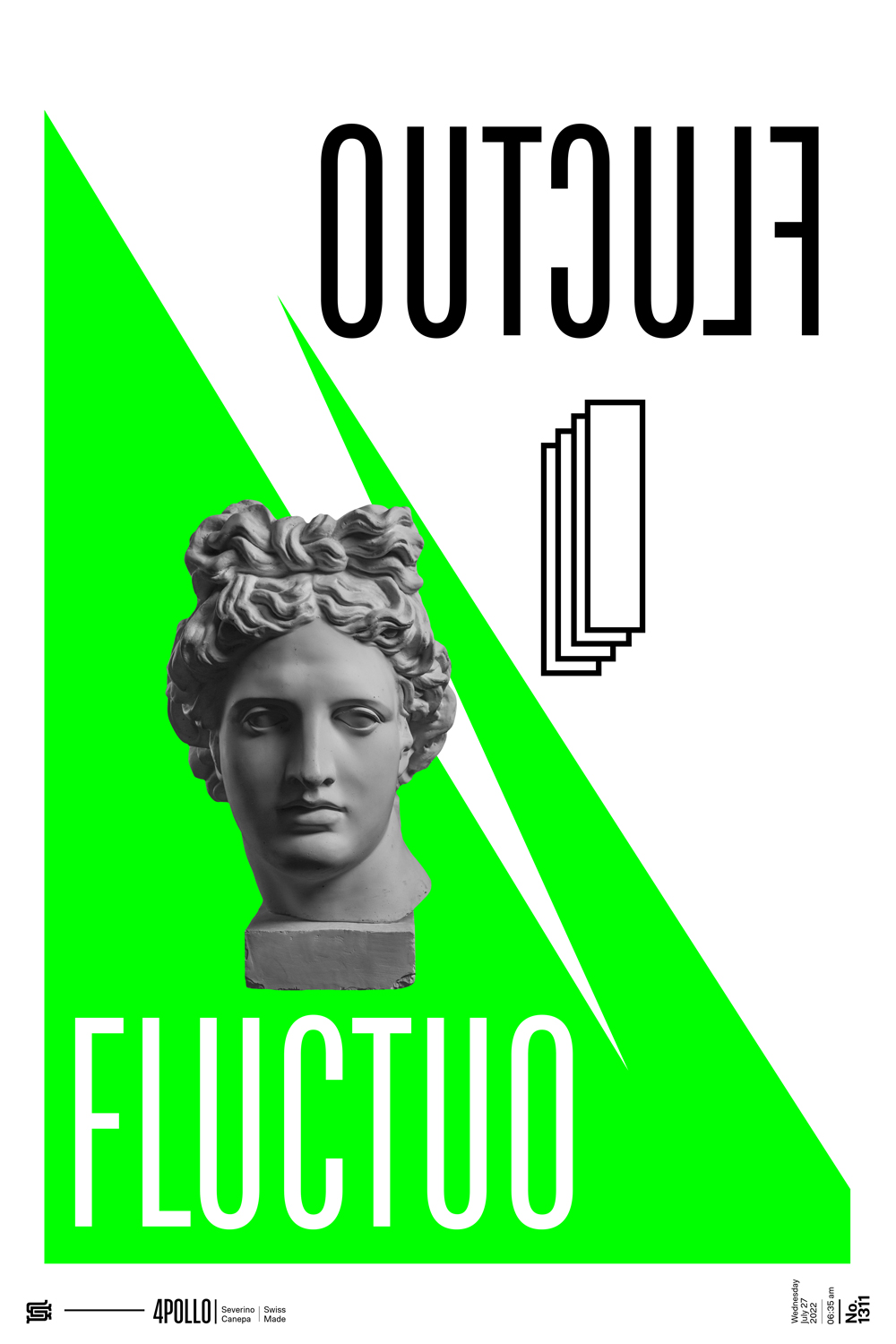 Minimalist digital art made with Apollo Statue, typography, a bright green, geometric shapes