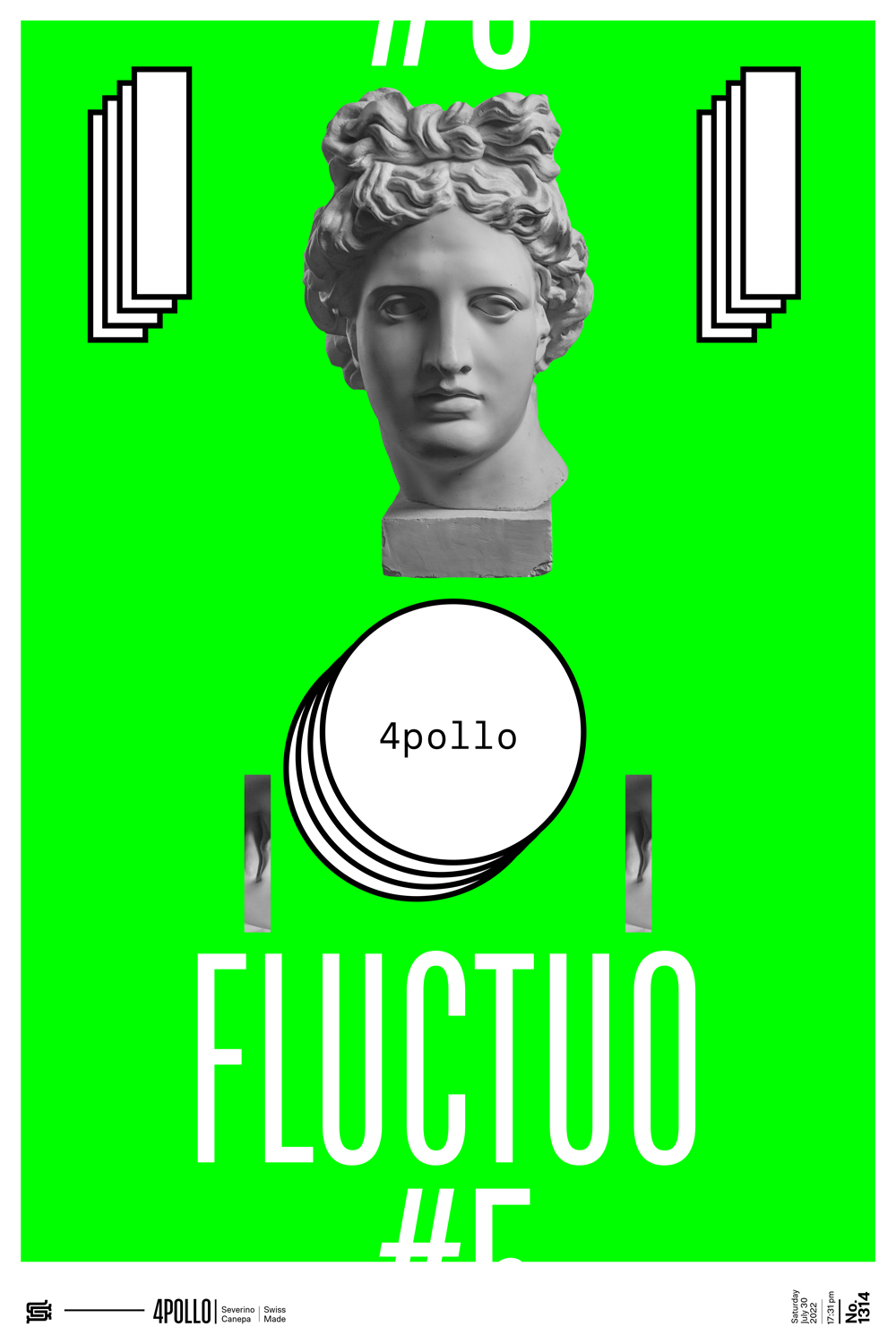 Centered composition where I play with bright green, the picture of Apollo, and typography