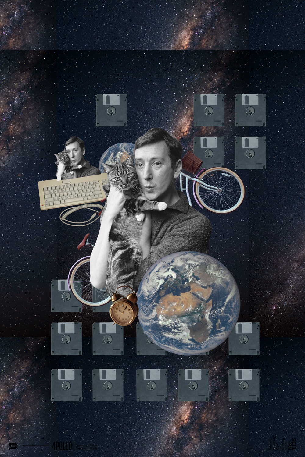 Collage artwork made with a man wearing a cat, electronic stuff, and stars