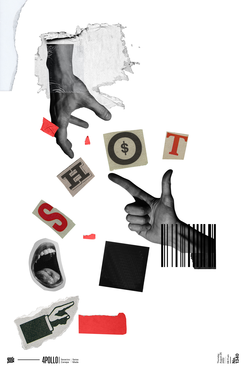 Digital collage I realized with hands, letters, and papers