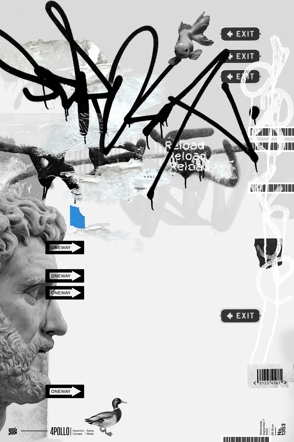 High quality visual digital collage made with graffiti tags, a statue, and other elements